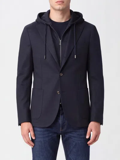 Eleventy Single-breasted Blazer In Wool And Technical Fabric With A Zipped Hooded Insert In Blue
