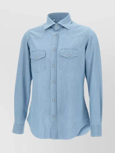 Eleventy Slim Fit Denim Shirt With Double-use Cuffs In Blue