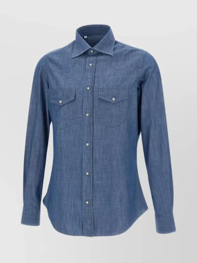 Eleventy Slim Fit Denim Wash Shirt With Western Yoke In Blue