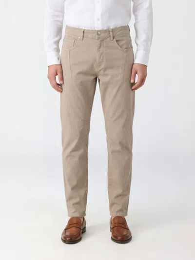 Eleventy Slim Fit Linen And Cotton Blend Trousers With Drawstring Waist In Brown