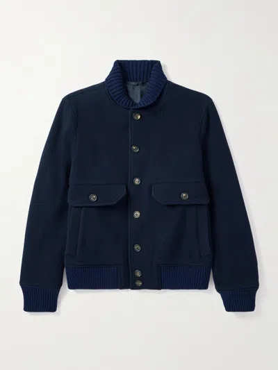 Eleventy Slim-fit Ribbed-knit Trimmed Wool-blend Bomber Jacket In Blue