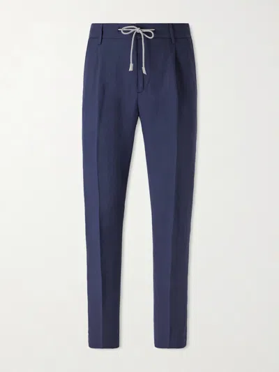Eleventy Straight-leg Lyocell And Linen-blend Drawstring Trousers In Blue
