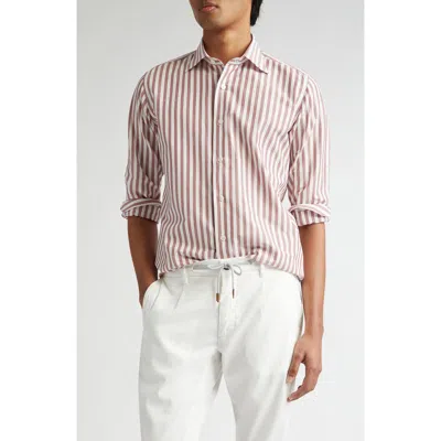 Eleventy Stripe Cotton & Linen Button-up Shirt In Berry