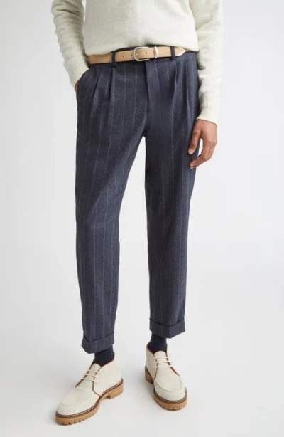 Eleventy Stripe Drawstring Waist Stretch Virgin Wool & Cashmere Pants In Blue