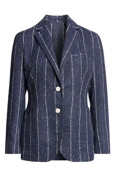 Eleventy Stripe Slubby Linen Blend Jacket In Blue
