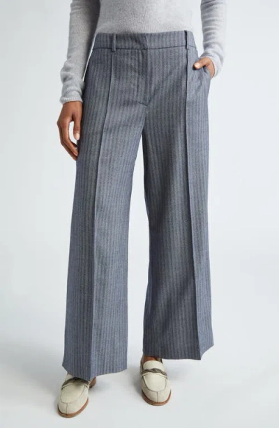 Eleventy Stripe Straight Leg Stretch Virgin Wool Herringbone Twill Trousers In Denim Blue