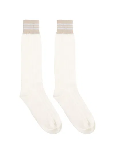 Eleventy Striped Ribbed Socks In White