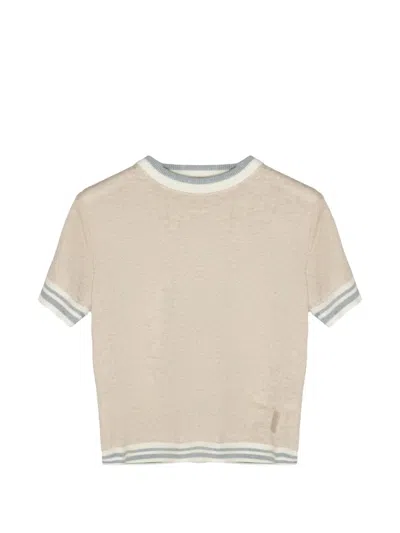 Eleventy Kids' Stripe-trim Crew-neck T-shirt In Neutral