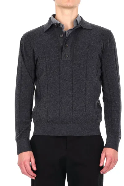 Eleventy Cotton-cashmere Blend Long Sleeve Polo With Horn Buttons In Black
