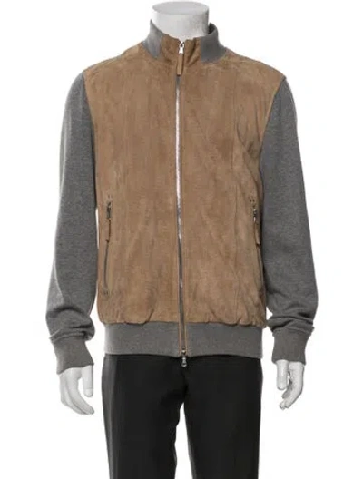 Pre-owned Eleventy Suede Colorblock Pattern Bomber Jacket In Neutral