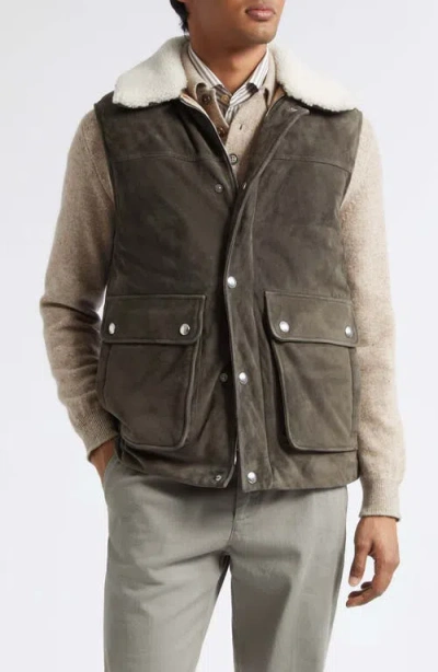 Eleventy Suede Vest With Faux-fleece Collar In Brown