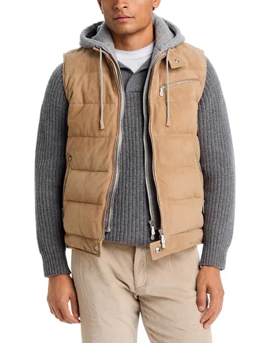 Eleventy Suede Vest With Removable Wool & Cashmere Knit Hood In Brown