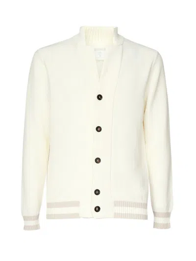 Eleventy Textured Knit Cardigan With Ribbed Collar And Contrasting Stripes In White