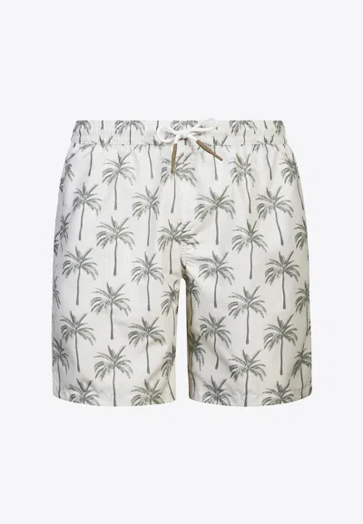 Eleventy Swim Shorts With Palm-print In White