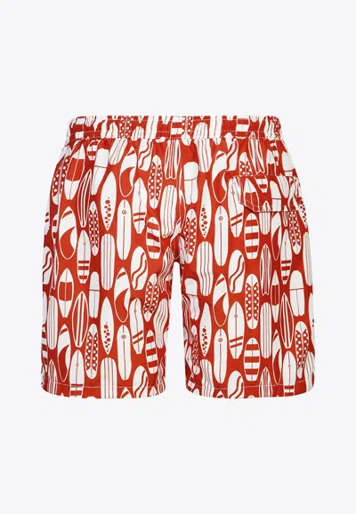 Eleventy Swim Shorts With Surfboard-print In Red