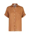 Eleventy Terracotta Shirt With Half Sleeves In Linen