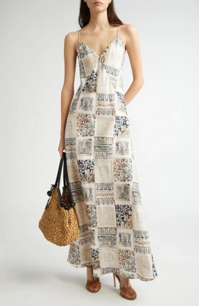 Eleventy Tile Print Linen Slipdress In Sand