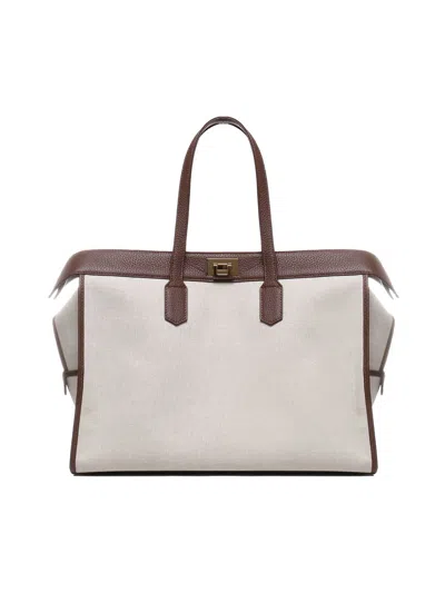 Eleventy Sand Brand-embossed Leather-trimmed Cotton Tote Bag In Beige