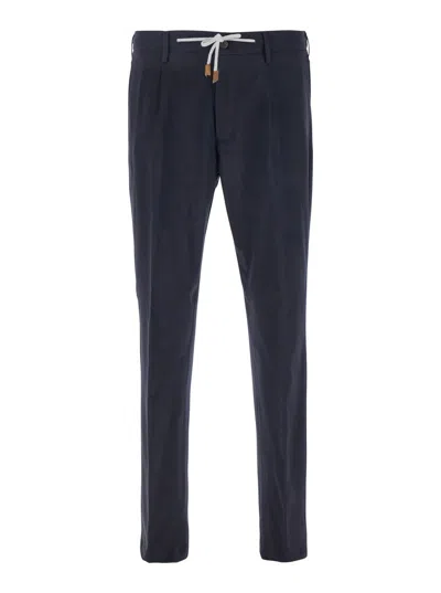 ELEVENTY BLUE PANTS WITH DRAWSTRING ELASTIC WAIST AND LOGO PATCH ON THE REAR IN WOOL STRETCH MAN