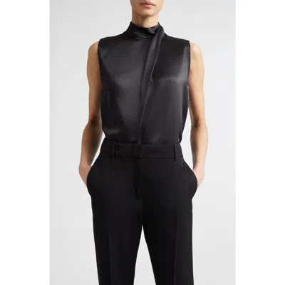 Eleventy Twist Mock Neck Sleeveless Silk Satin Top In Black
