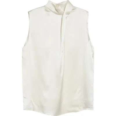 Eleventy Twist Mock Neck Sleeveless Silk Satin Top In White