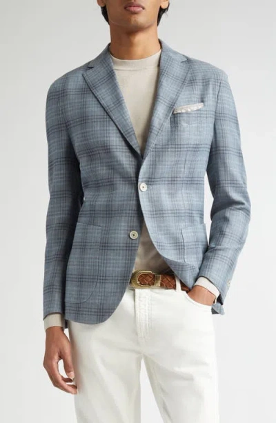 Eleventy Unstructured Plaid Linen & Wool Blend Sport Coat In Denim