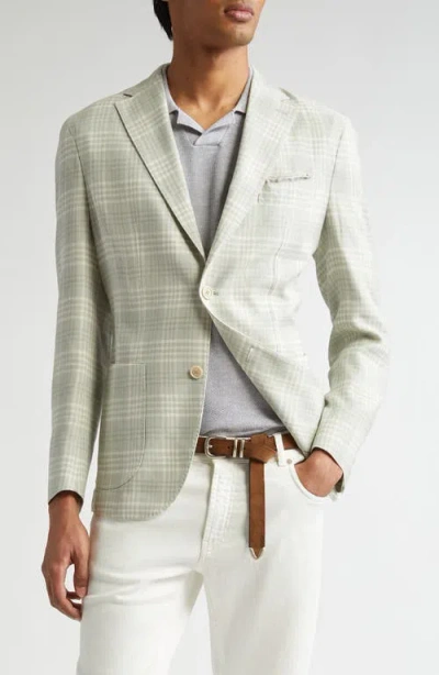 Eleventy Unstructured Plaid Linen & Wool Blend Sport Coat In Military Green