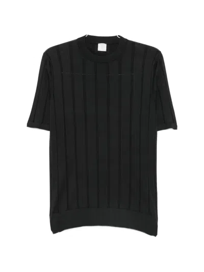 Eleventy Vertical-stripe Short-sleeve Sweater In Black