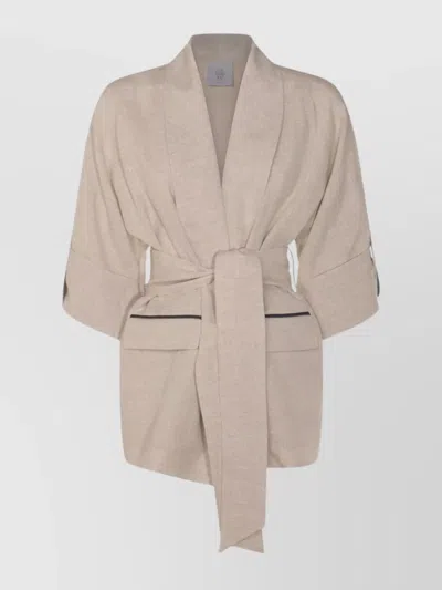 Eleventy Waist Belted Jacket With Pockets And Wide Sleeves In Multicolor