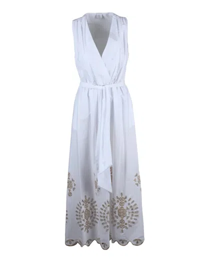Eleventy White Beige Cotton Elastane Women Long Dress In Blue