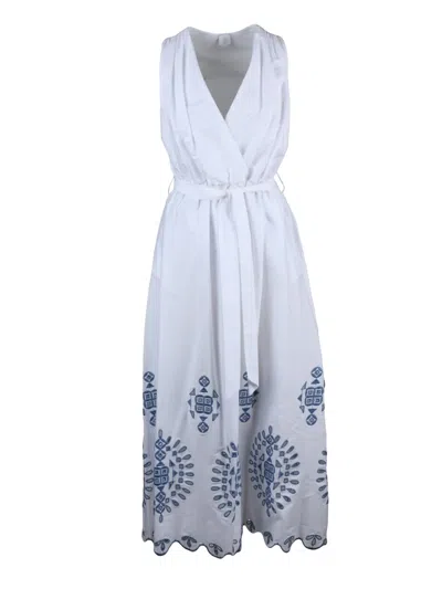 Eleventy White Blue Cotton Elastane Long Embroidered Dress In Gray