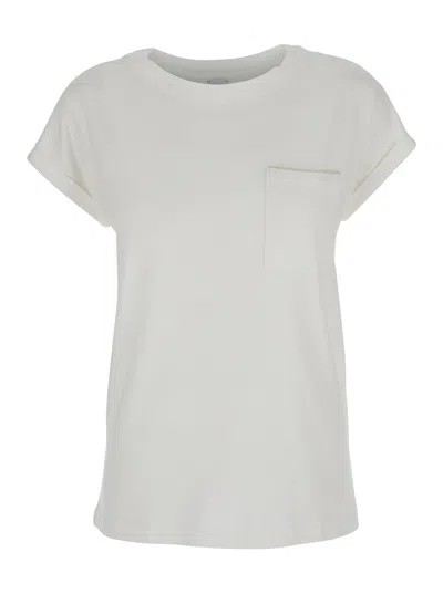 Eleventy White Crewneck T-shirt With Front Patch Pocket In Cotton Blend Woman