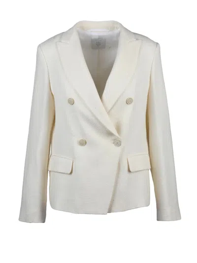 Eleventy White Double-breasted Wool Cotton Silk Jacket
