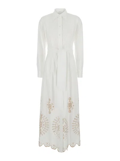 Eleventy White Long Dress With Pointed Collar And Removable Waist Belt In Cotton Woman In Multicolor