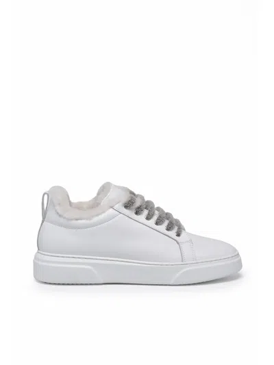 Eleventy White Rounded Toe Plush Interior Leather Sneakers
