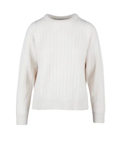 Eleventy White Wool-blend Ribbed Crewneck Sweater