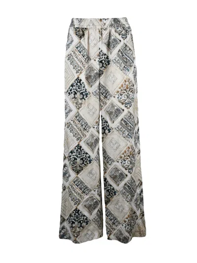 Eleventy Wide Leg Linen Trousers - Beige/blue In Gray