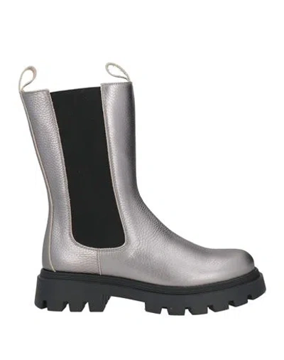 Eleventy Woman Ankle Boots Silver Size 8 Leather, Elastic Fibres