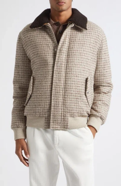 Eleventy Wool Blend Bomber Jacket With Genuine Shearling Collar In Neutral