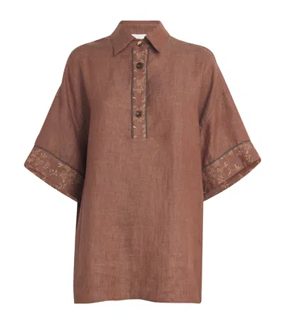 Eleventy X Harrods Linen Embroidered Collared Shirt In Brown