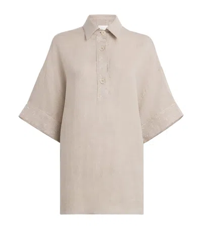 Eleventy X Harrods Linen Embroidered Collared Shirt In Neutral