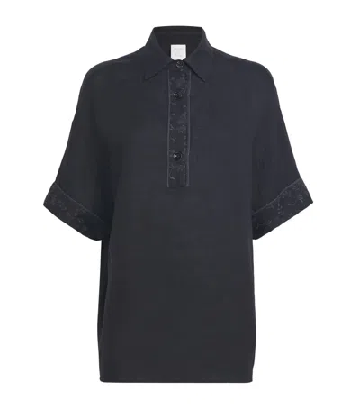 Eleventy X Harrods Linen Embroidered Collared Shirt In Black