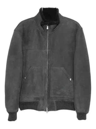 Eleventy Zip-front Shearling Jacket In Gray