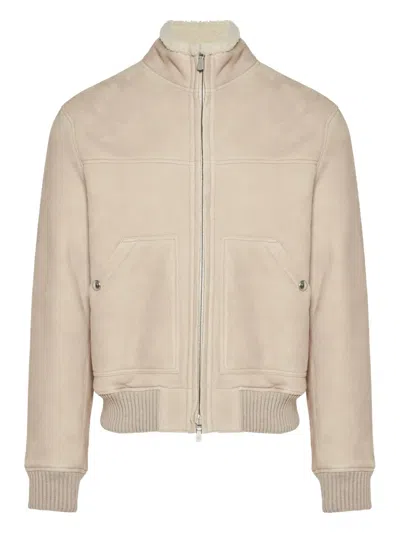 Eleventy Zip Shearling Jacket In Neutral