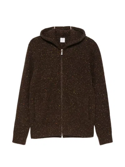 Eleventy Zip-up Ribbed-knit Hoodie In Brown