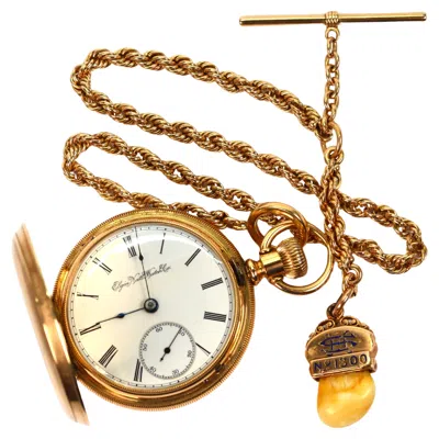 Pre-owned Elgin National 14k Yellow Gold Pocket Watch W Gold Chain And Elks Tooth Fob