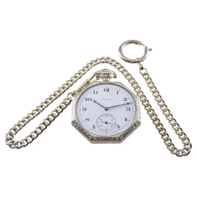 Pre-owned Elgin White Gold Filled Art Deco Pocket Watch From 1923 With Matching Chain