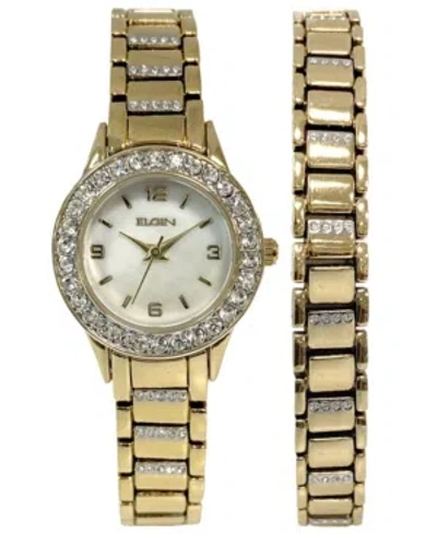 Elgin Women's Ion Plating Logo Etched On Crown Gold-tone Strap Watch And Bracelet Set