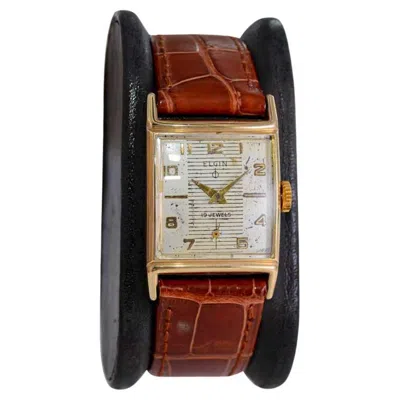 Pre-owned Elgin Yellow Gold Filled Art Deco Tank Style With Original Patinated Dial 1950's