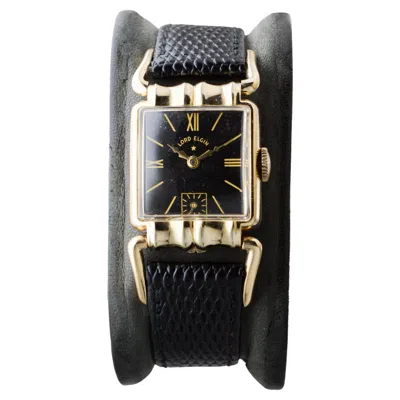 Pre-owned Elgin Yellow Gold Filled Art Deco Watch With Rare Black Dial Articulated Lugs